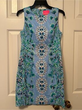 Lilly Pulitzer Mila Stretch Shift Dress Frenchie Blue Mosaic Shells Size 2 NWOT